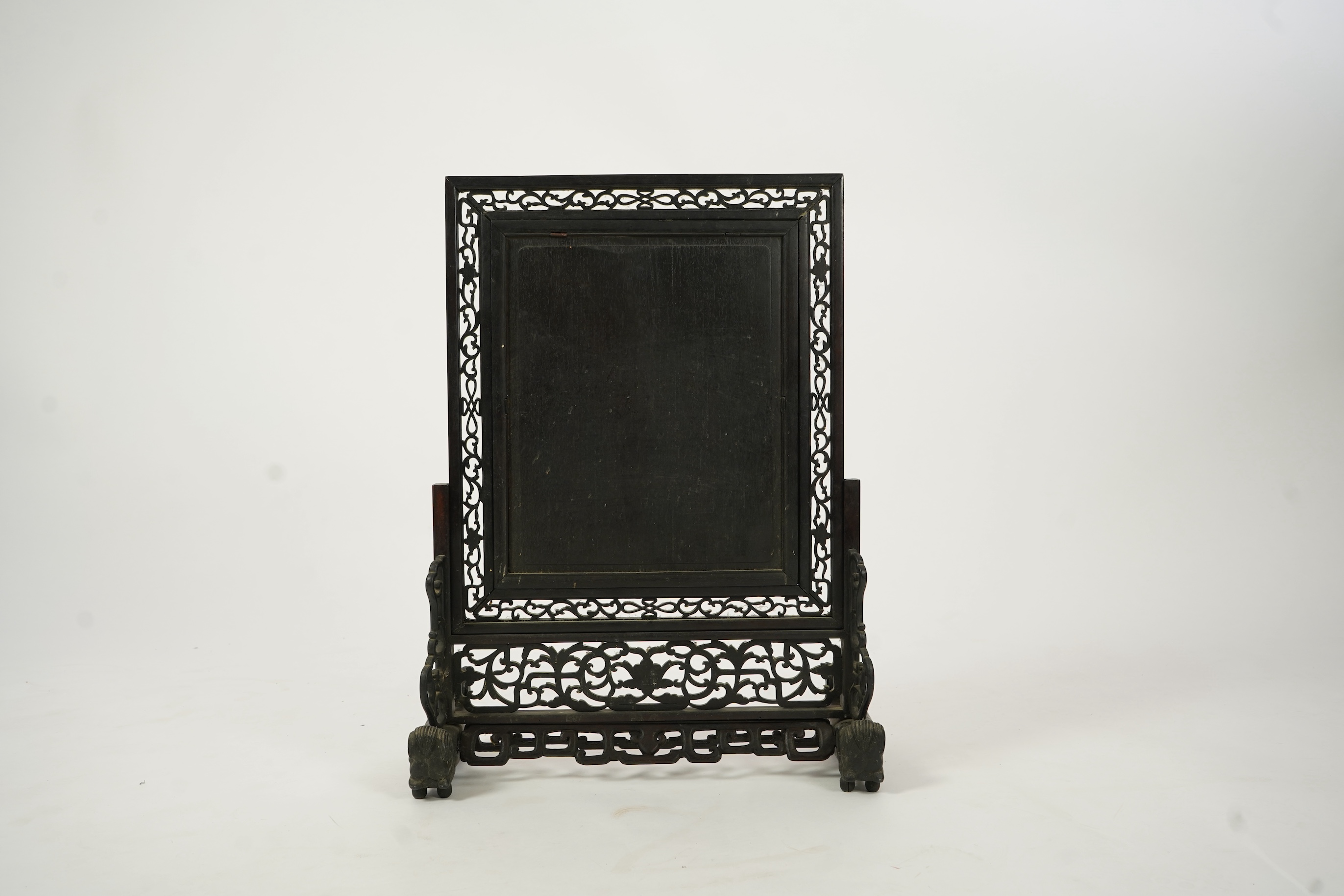 A Chinese ’Hundred bird’ embroidered silk table screen and hongmu stand, late 19th/early 20th century